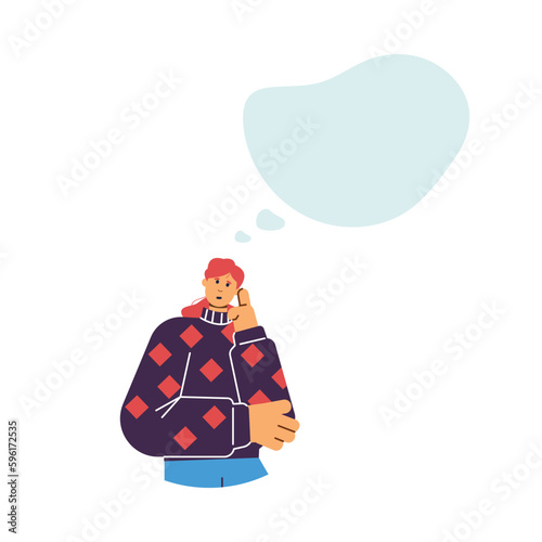 Dreaming woman holds hand to head flat style, vector illustration