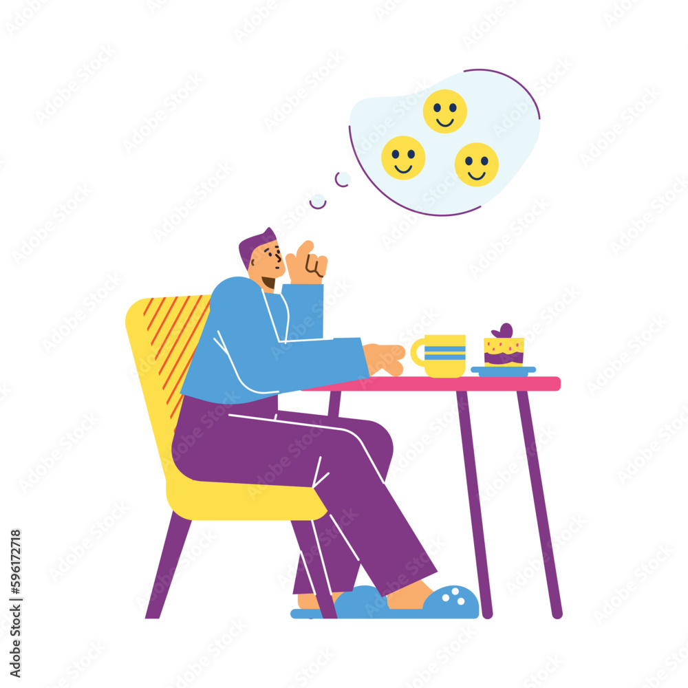 Man sitting at table and dreaming, flat vector illustration isolated on white background. Man sitting at table and dreaming, flat vector illustration isolated on white background.