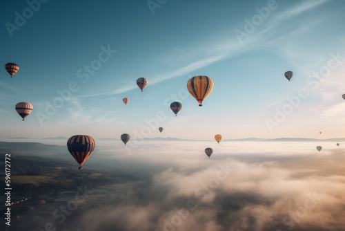 Hot Air Balloons Flying High in the Sky. Generative AI. © Josh