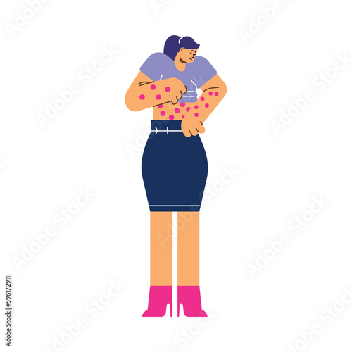 Woman suffering from red, itchy and irritated skin - flat vector illustration isolated on white background.