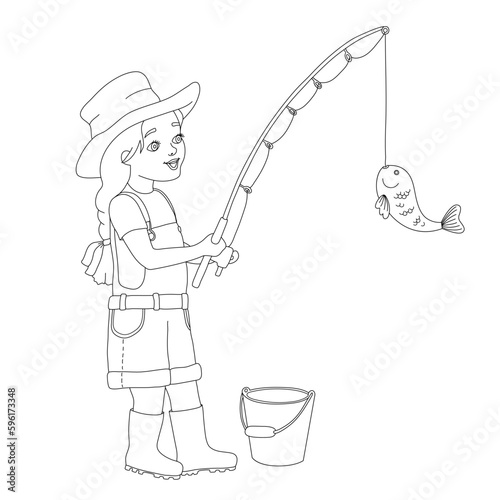 Little girl fishing. Full length of smiling girl holding fishing rod with fish on hook. Vector outline illustration