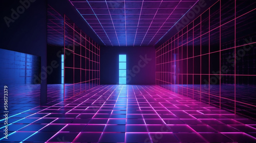 A dark room with a purple floor and a neon light. Generative ai