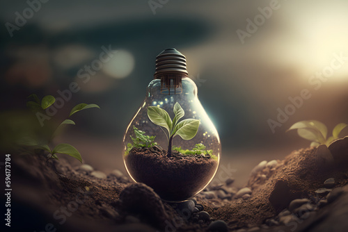 sustainability light bulb terrarium, dirt nature saving the planet, growing plants