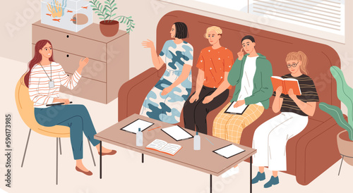 Woman talking to group of young people sitting on couch.