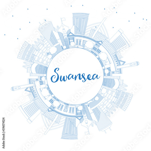 Outline Swansea Wales City Skyline with Blue Buildings and Copy Space. Vector Illustration. Swansea UK Cityscape with Landmarks.
