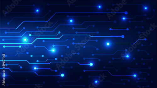 Hi tech digital circuit board. AI pad and electrical lines connected on blue lighting background. futuristic technology design element concept