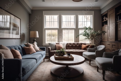 Living room interior. Comfortable furniture, glass windows. AI generative © Rawf8