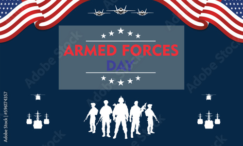 American Armed Forces Day design background. It features all silhouette of American armed forces branch, navy, air force, army, marine and coast guard. Vector illustration