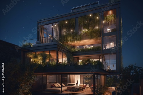 Modern city house with rooftop garden, illuminated facade at night. 3D visualization of exterior. Generative AI