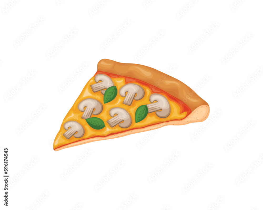 Pizza. Pizza with mushrooms and cheese in cartoon style. A piece of mushroom pizza. Vector illustration isolated on a white background Pizza. Pizza with mushrooms and cheese in cartoon style. A piece of mushroom pizza. Vector illustration isolated on a white background