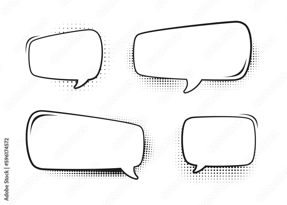 Retro empty comic bubbles set with black halftone shadows. Vector illustration, vintage design, pop art style Retro empty comic bubbles set with black halftone shadows. Vector illustration, vintage design, pop art style