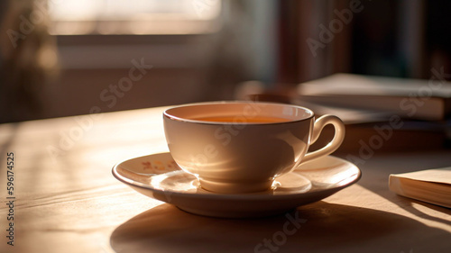 a cup of tea next to a window at the morning Generated with AI