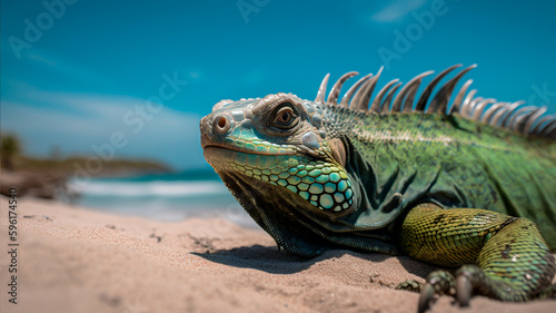 a vibrant green iguana basking in the sun Generated with AI © Gustavo
