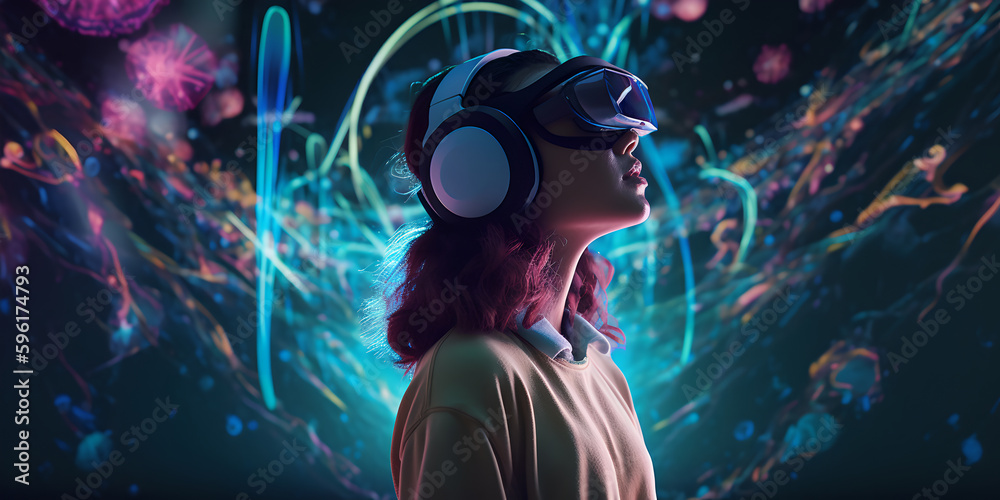 a womans appearance experiencing metaverse world with vr a womans appearance experiencing metaverse world with vr