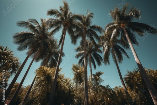 Palm trees in Boca Raton  Florida against blue sky. Generative AI