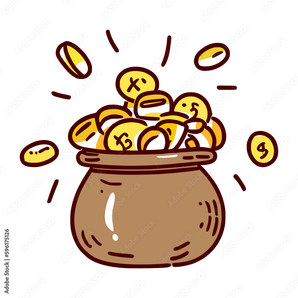 doodle illustration of a bunch of gold coins in a pot