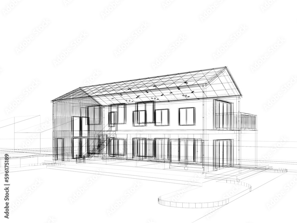 sketch design of house , 3d rendering wire frame