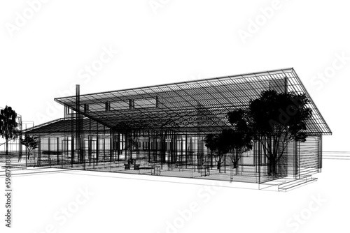 sketch design of house , 3d rendering wire frame