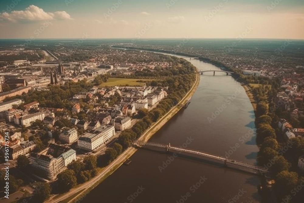 Aerial view of the Elbe River and Magdeburg city in Saxony-Anhalt, Germany. Generative AI
