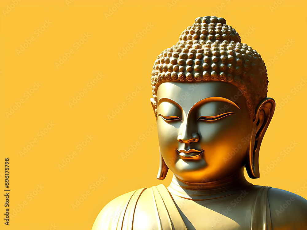 Buddha statue on golden background with copy space. Generative AI