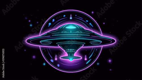 Vector colorful space alien ship on black background. Sticker logo.