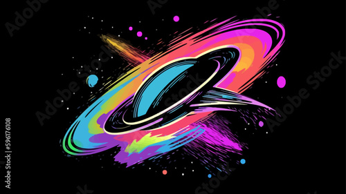 Vector colorful space alien ship on black background. Sticker logo.