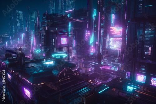 A night scene of a futuristic city with visionary architecture and neon lights in purple and cyan. Generative AI