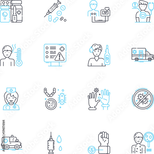 Online medical consultation linear icons set. Telemedicine, Virtualcare, E-Health, Telepsychiatry, Teletherapy, Videoconsultation, Telecardiology line vector and concept signs. Remotehealth