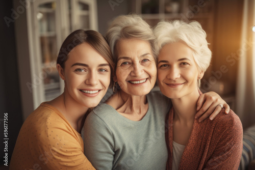 Grandmother, mother and daughter are hugging and smiling while looking at the camera. Mothers Day. Photorealistic illustration generative AI.