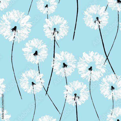 Seamless background with dandelions. Silhouettes of white fluffy dandelions with black stem on blue background. Design for fabric  packaging  cover.