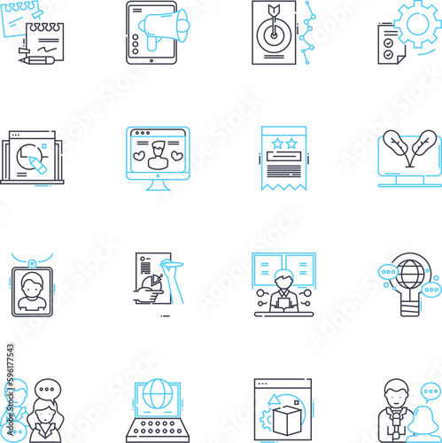 Exhibitions and shows linear icons set. Display, Showcase, Expo, Gallery, Event, Performance, Art line vector and concept signs. Trade show,Spectacle,Exhibition outline illustrations