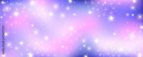Pink unicorn sky with stars. Cute purple pastel background. Fantasy dreaming galaxy and magic wavy space with fairy light. Vector illustration