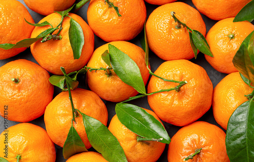 Orange tangerines with green leaves on a gray background. Top view