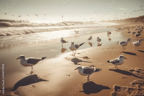Seagulls soar above serene sandy shorelines basking in the sun's radiance. Generative AI
