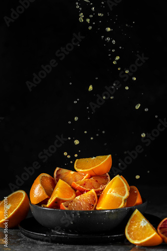 Fresh orange fruits on a plate on dark background