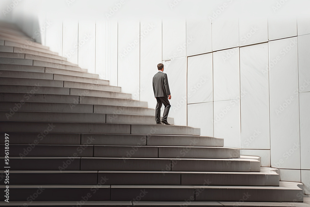 Business person going up and down stairs denoted as bar graphs, abstract concept of financial growth or gain through career achievement, progress, success, climbing the corporate ladder