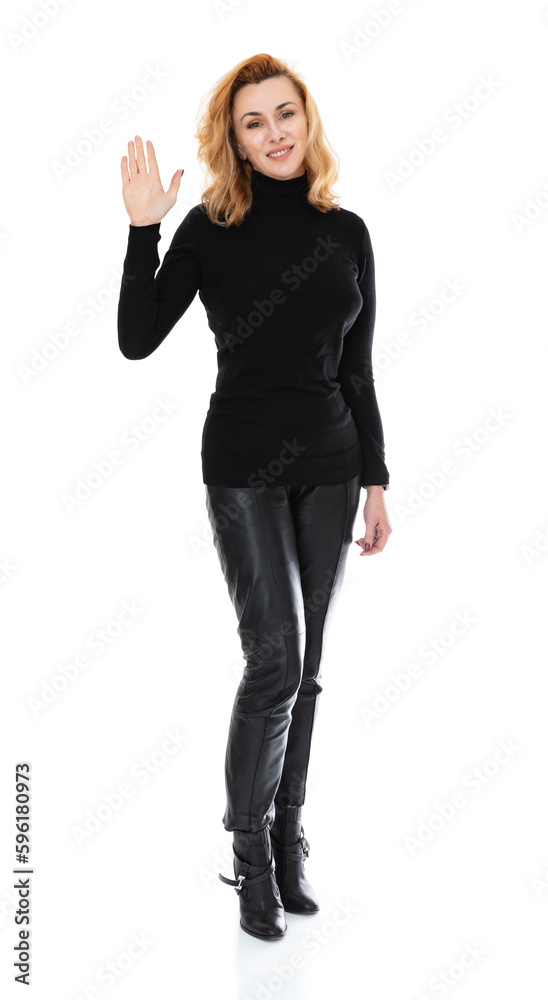 Full-length portrait of forty year old woman sociable cheerful friendly girl waving raised palm isolated on white background. Happy chestnut woman Say HI, HELLO, greeting you, welcoming guests. Full-length portrait of forty year old woman sociable cheerful friendly girl waving raised palm isolated on white background. Happy chestnut woman Say HI, HELLO, greeting you, welcoming guests.