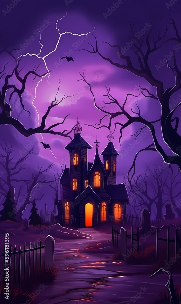 Halloween background poster with tombs, trees, bats, tombstones, gravey generated ai	