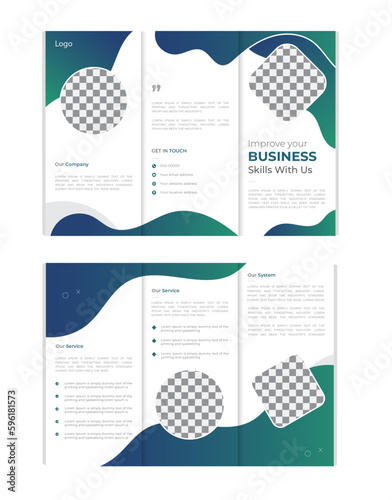 Tri-fold vector brochure template with blue rectangular elements for headers.
