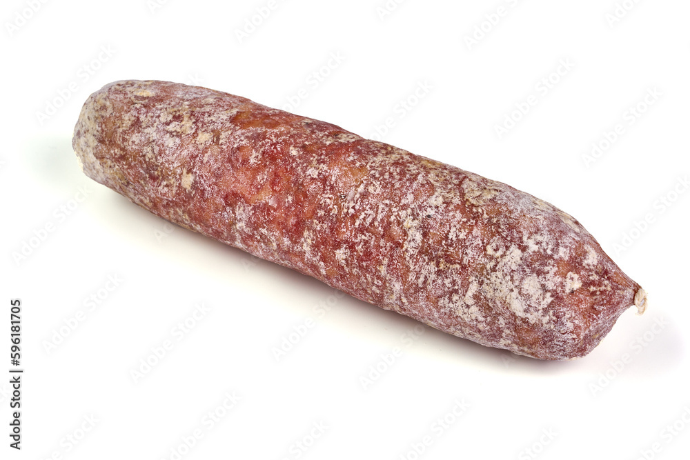 Italian salami with mold, isolated on white background. Italian salami with mold, isolated on white background.