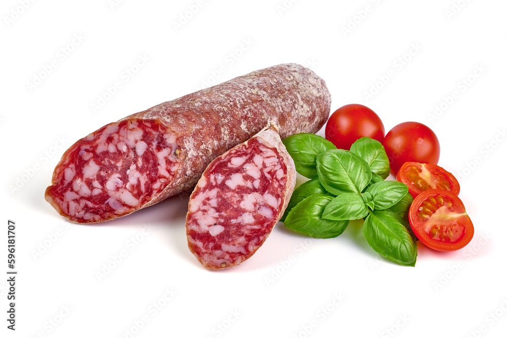 Sun dried sausage with mold, isolated on white background. High resolution image. Sun dried sausage with mold, isolated on white background. High resolution image.
