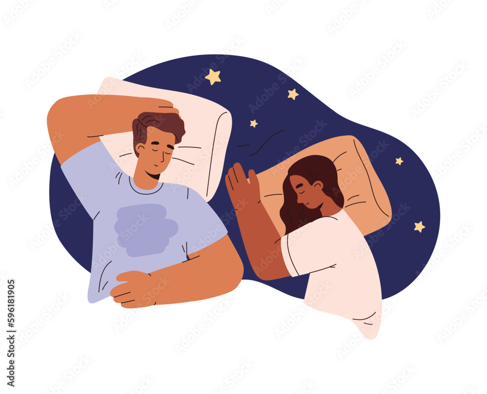 Couple sleeping together in bed, flat vector illustration isolated on white background.