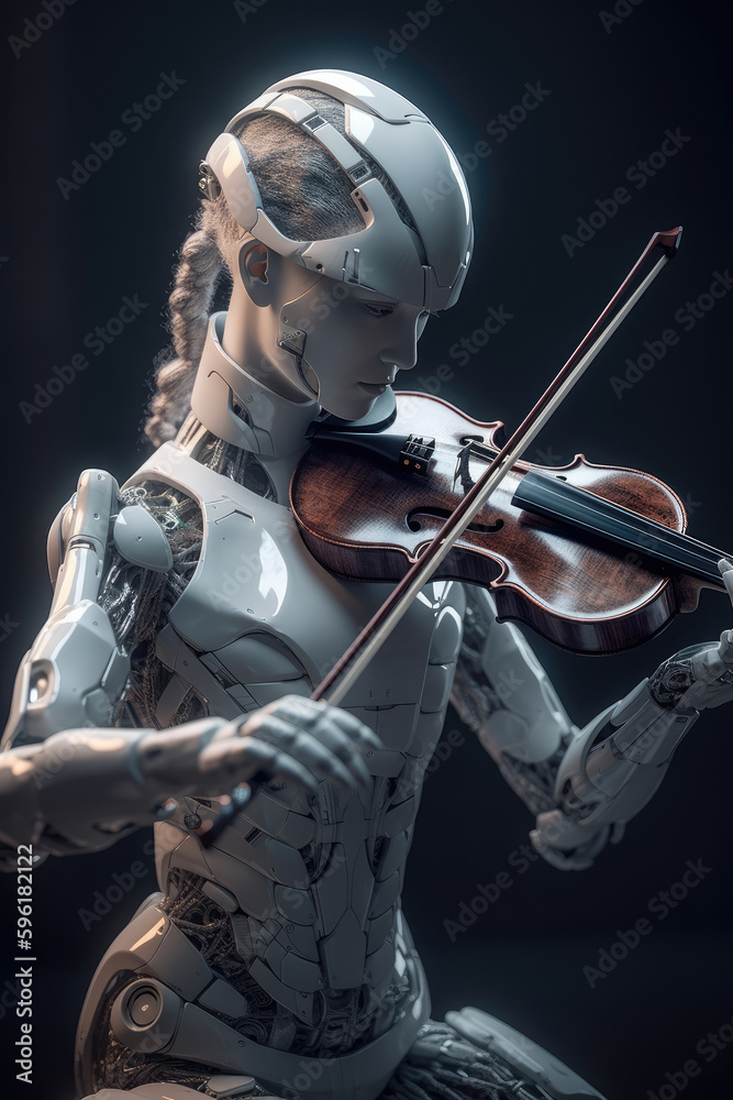 Naklejka premium Robot playing violin. Ai with a musical instrument. Futuristic concept technology generative ai.