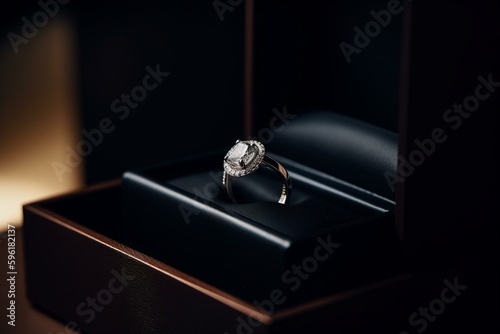 A high-end ring with diamonds presented in a gift box. Generative AI © Thessaly