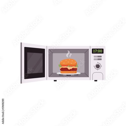 Microwave oven with open door heating food, flat vector illustration isolated.