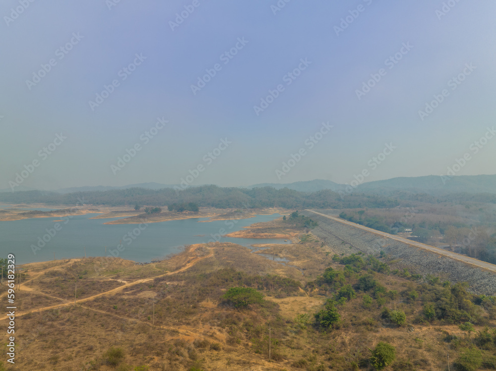 Drone aerial photograph of Chong Khao Khat Dam Viewpoint in Uttaradit in Thailand.