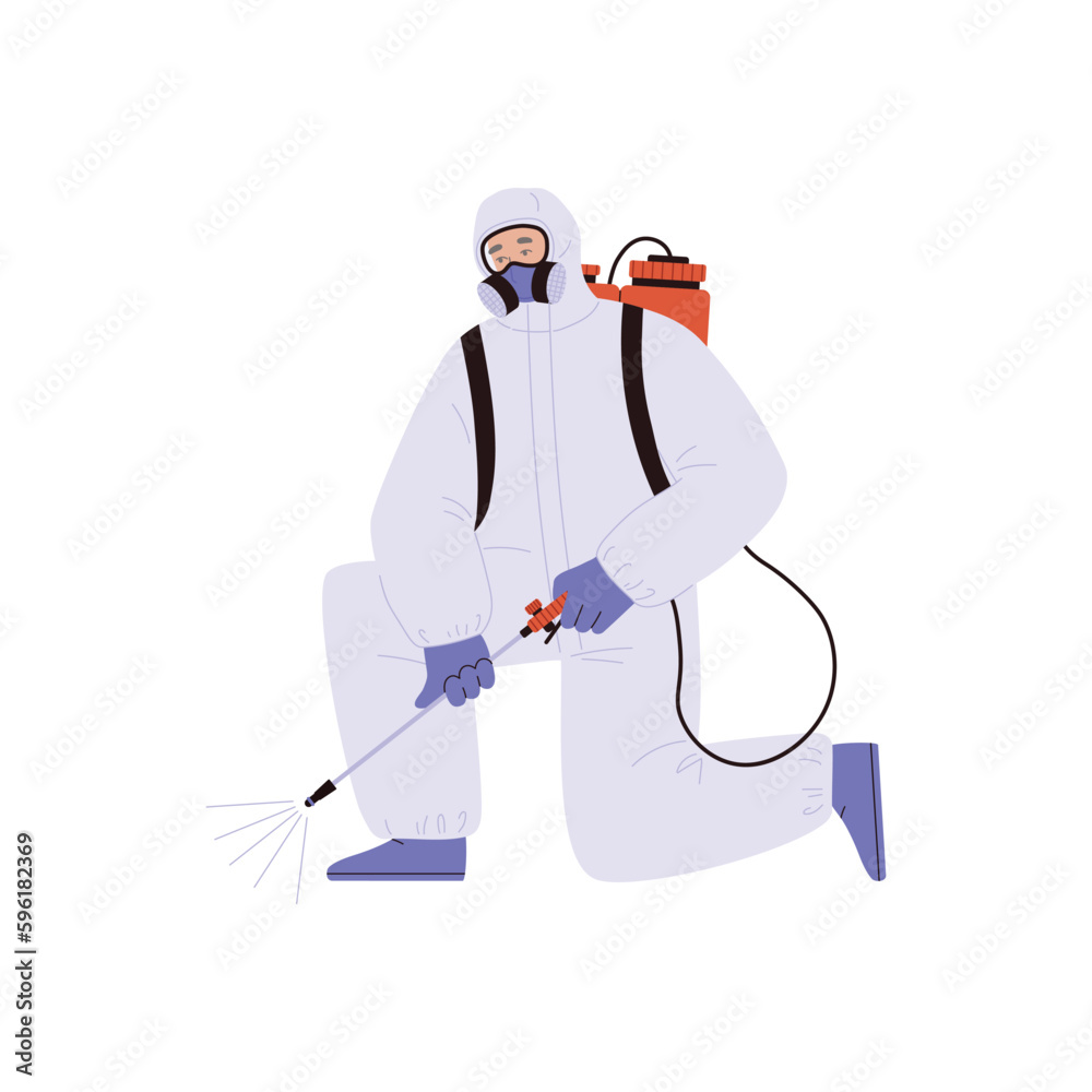 Man in protection suit, disinfection process flat style Man in protection suit, disinfection process flat style