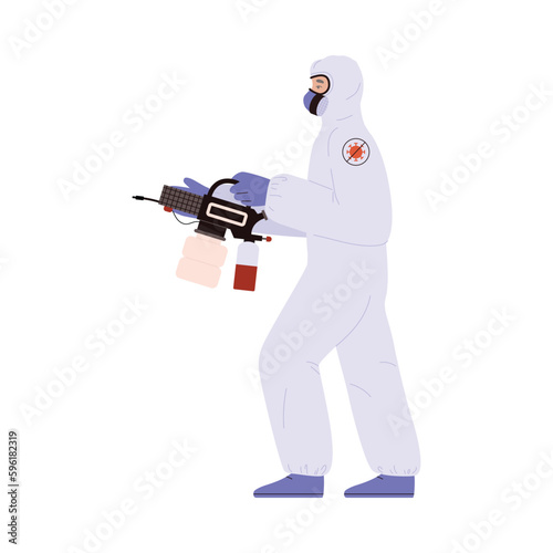 Disinfector spraying antibacterial detergents, flat vector illustration isolated.