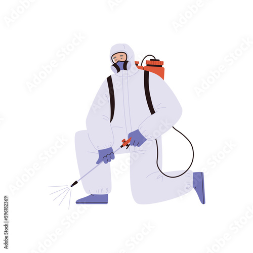 Man in protection suit, disinfection process flat style