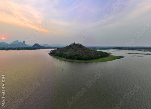 Aerial photograph at Phu Sap Lek, Lop Buri Province, in the evening, sunset and there is a lot of air pollution.